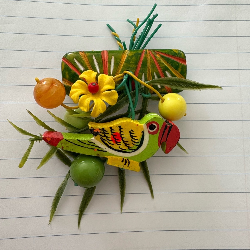 Vintage Reproduction Luxulite Tropical Parrot Brooch with Vibrant Colors